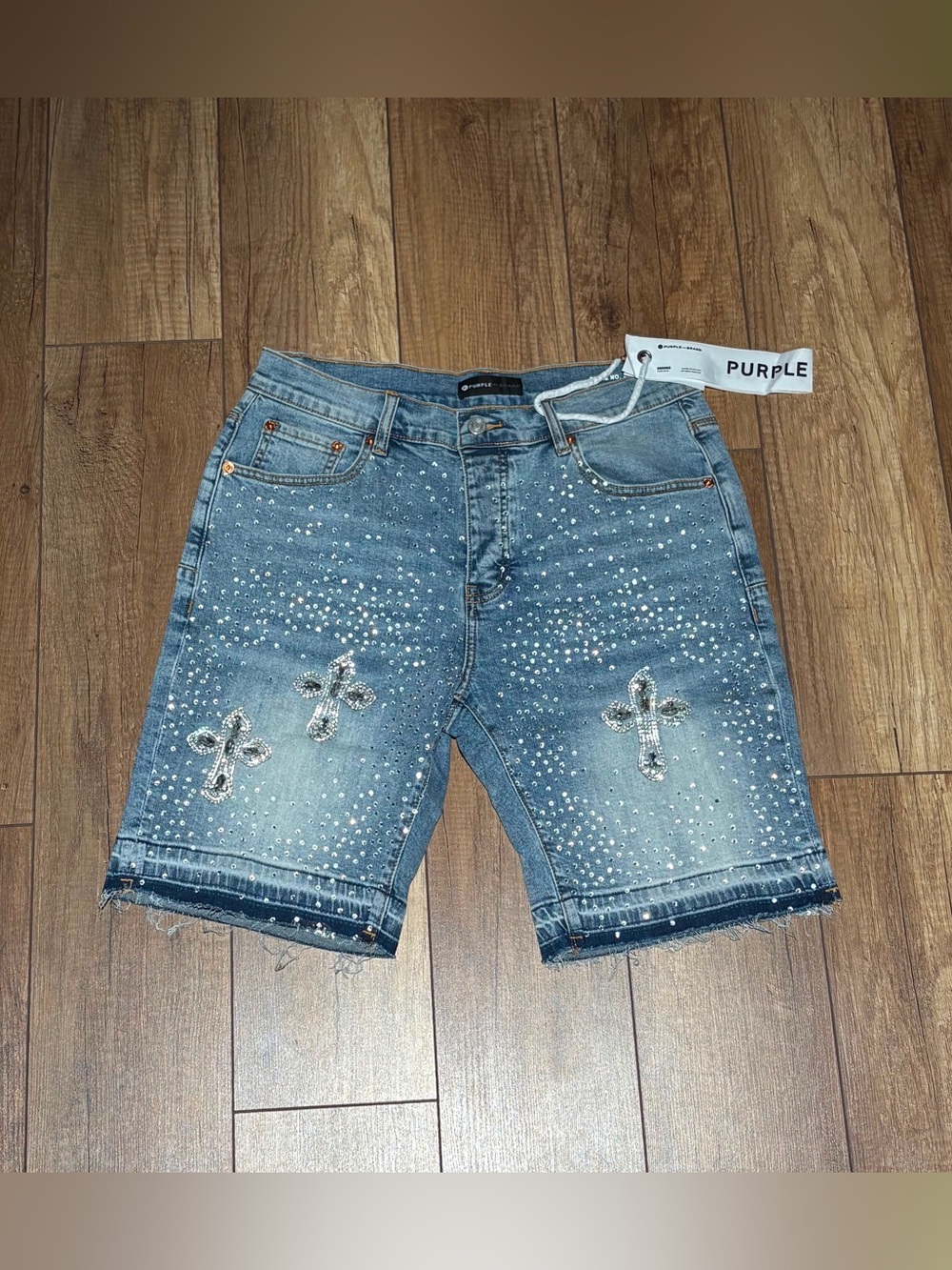 Purple Brand Mens Light Blue VVS Rhinestone Crosses Jean Shorts Brand New
